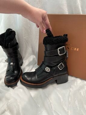 Coach Black Leather Shearling-Trim Buckle Moto Boot